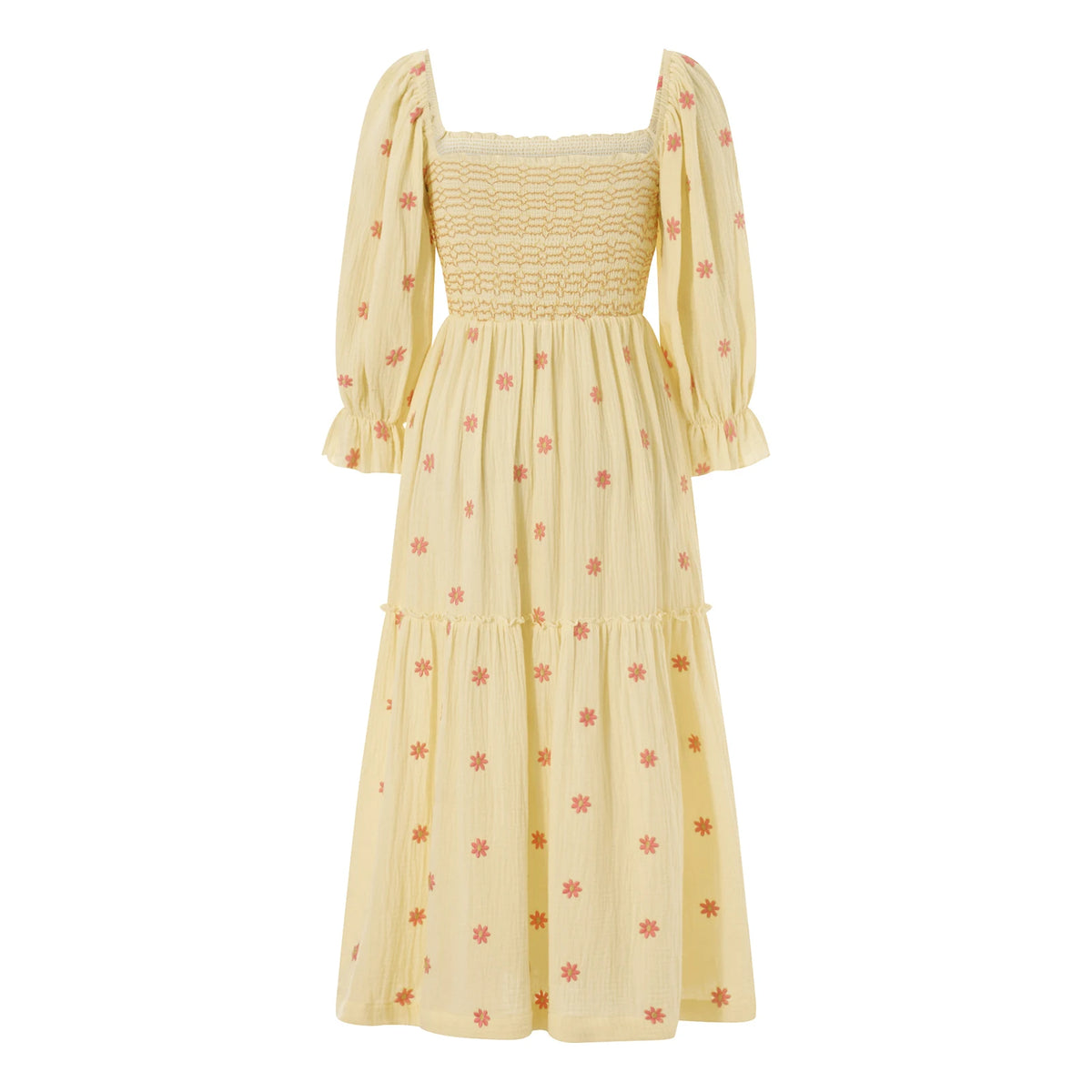 Women Spring Fall Long Dress Long Sleeve Dress Square Neck Embroidery Flower Loose Swing Dress Wit Pocket