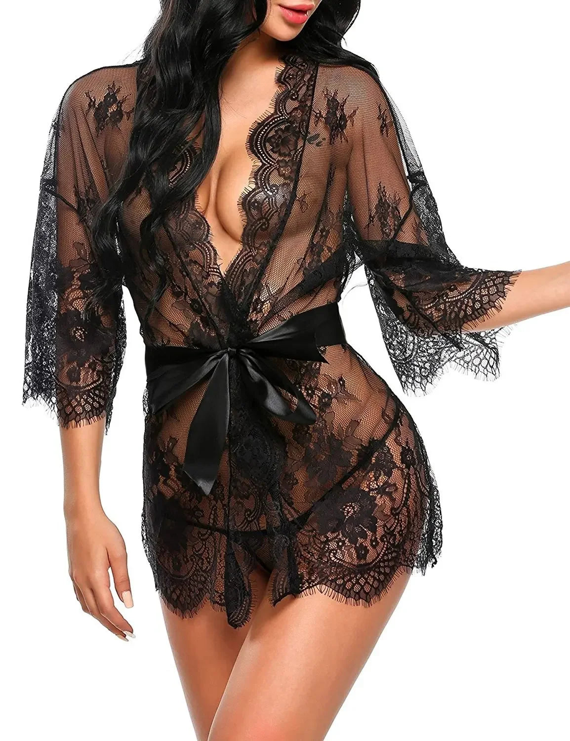 Women Sexy Lingerie Erotic Transparent V-Neck Nightwear Babydoll Robe G-string Costume Kimono Robe Lace Sleepwear Dress
