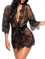 Women Sexy Lingerie Erotic Transparent V-Neck Nightwear Babydoll Robe G-string Costume Kimono Robe Lace Sleepwear Dress