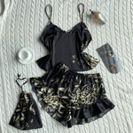 Summer Fashion Pajamas Women Sleepwear 3 Pcs Silk Floral Print Suspenders Tops and Shorts with Hanging Bag Home Wear