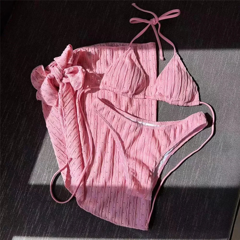 Three Piece Bikinis Sets 2026 String Halter Swimwear with Cover Up Sexy Swimsuit Women Beachwear Bathing Suit Black Mini Bikini