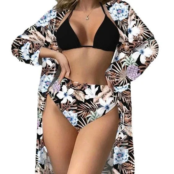 Fashionable Bikini Cover Up Three Piece Set Women Swimsuit Net Shirt High Elasticity Polyester Fabric with Chest Pad Bikinis Set