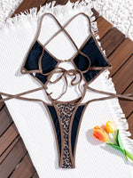 Leopard Print One Piece Swimsuits for Women String Lace-up Triangle Bikini Swimwear 2026 Hollow Out Monokini Bathing Suit Summer