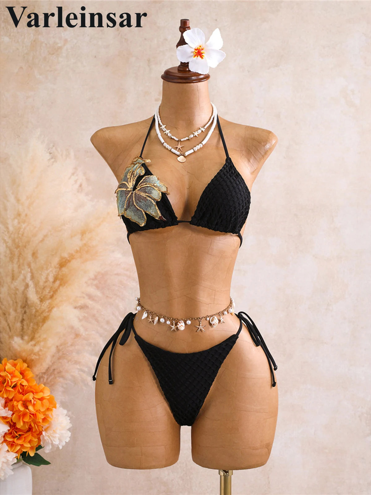 With Skirt 3D Flower Halter Bikini Women Swimwear Female Swimsuit Three-Pieces Bikini Set Padded Bather Bathing Suit SwimV8346
