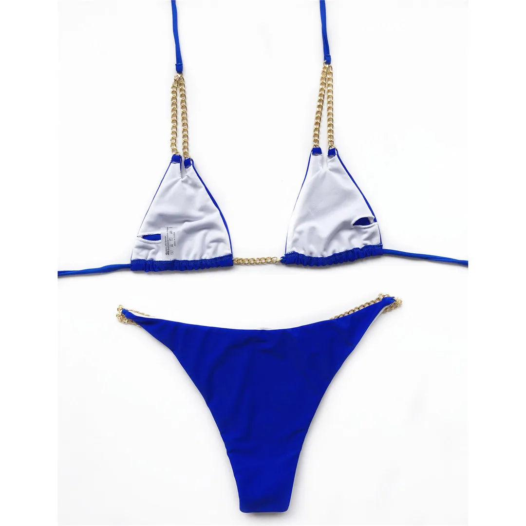 7 Colors Sexy Halter Bikini Female Swimsuit Women Swimwear Two-Pieces Bikini Set Metal Chain Bather Bathing Suit Swim Lady V2362