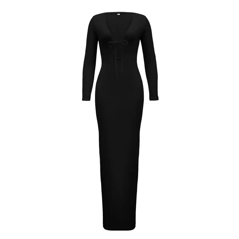 Trendy Solid Color Slim Long Dresses Women Sexy Deep V-neck Hollow Out Leace-up Package Hip Bodycon Party Dress Female Vestidos