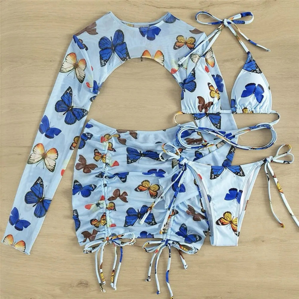 White Butterfly Print Swimwear Cover Up Bikinis Sets 3 Pieces Sexy Swimsuit Women 2026 Beach Wear Halter String Triangle Bikini