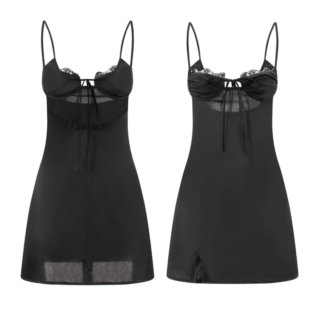 Summer Women´s Lace Trim Corset Sling Dress Sleeveless Tie Up Backless Skinny Split Dress for Party Sexy Retro Clubwear