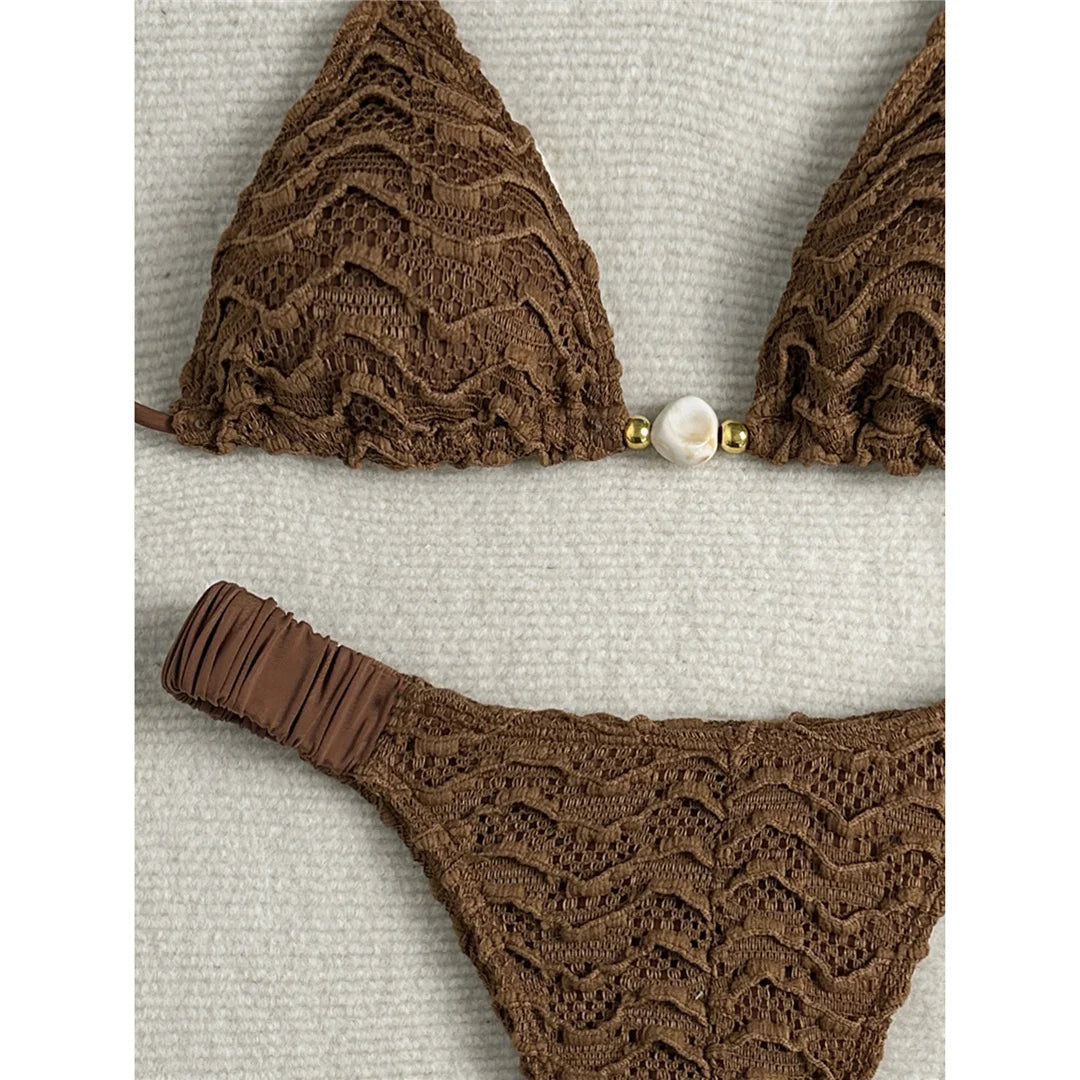 2026 Wrinkled Crinkled Halter Bikini Women Swimwear Female Swimsuit Two-pieces Bikini set Padded Bather Bathing Suit Swim V8135