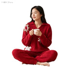 Autumn Winter Homewear Sleepwear Loungewear Women New Year Red Half Velvet Pajama Set V Neck Snow Embroidery Cuffed Pants Ladies