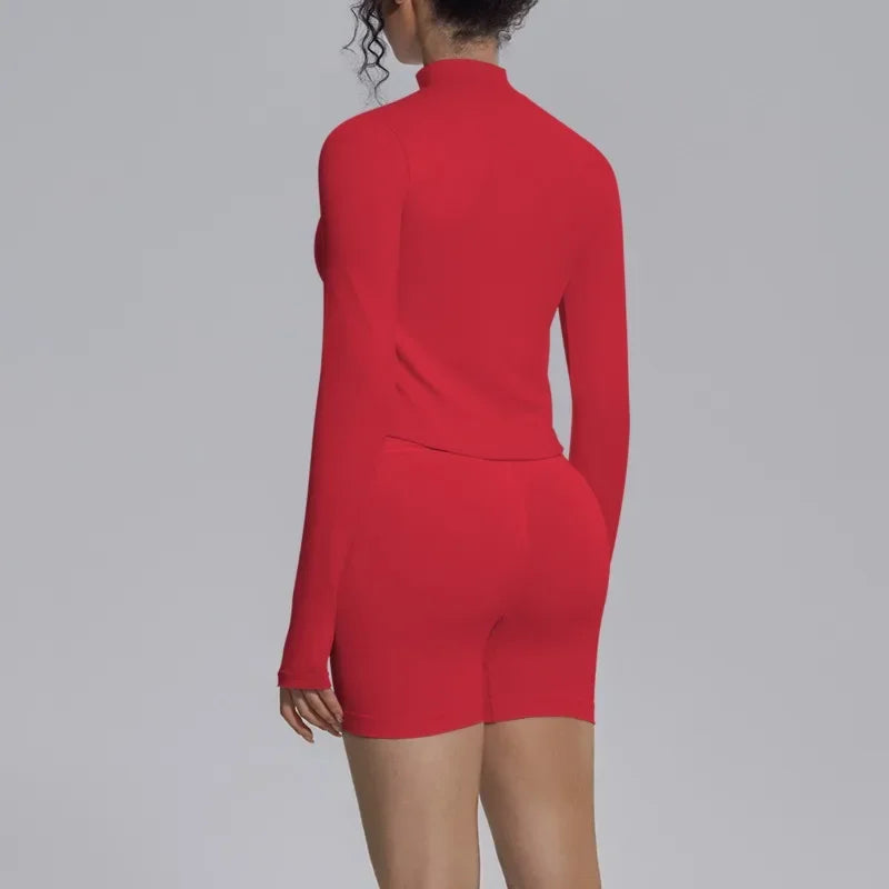 Women's Seamless Yoga Sets Sports Fitness Gym Zipper Long-Sleeve Jacket Hip Lift High-Waist Shorts Suits Workout Training Sets
