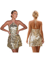 Women Summer Mini Dress Sparkly Sequin Sleeveless Halter Backless Slip Dress for Evening Party Date Night Streetwear