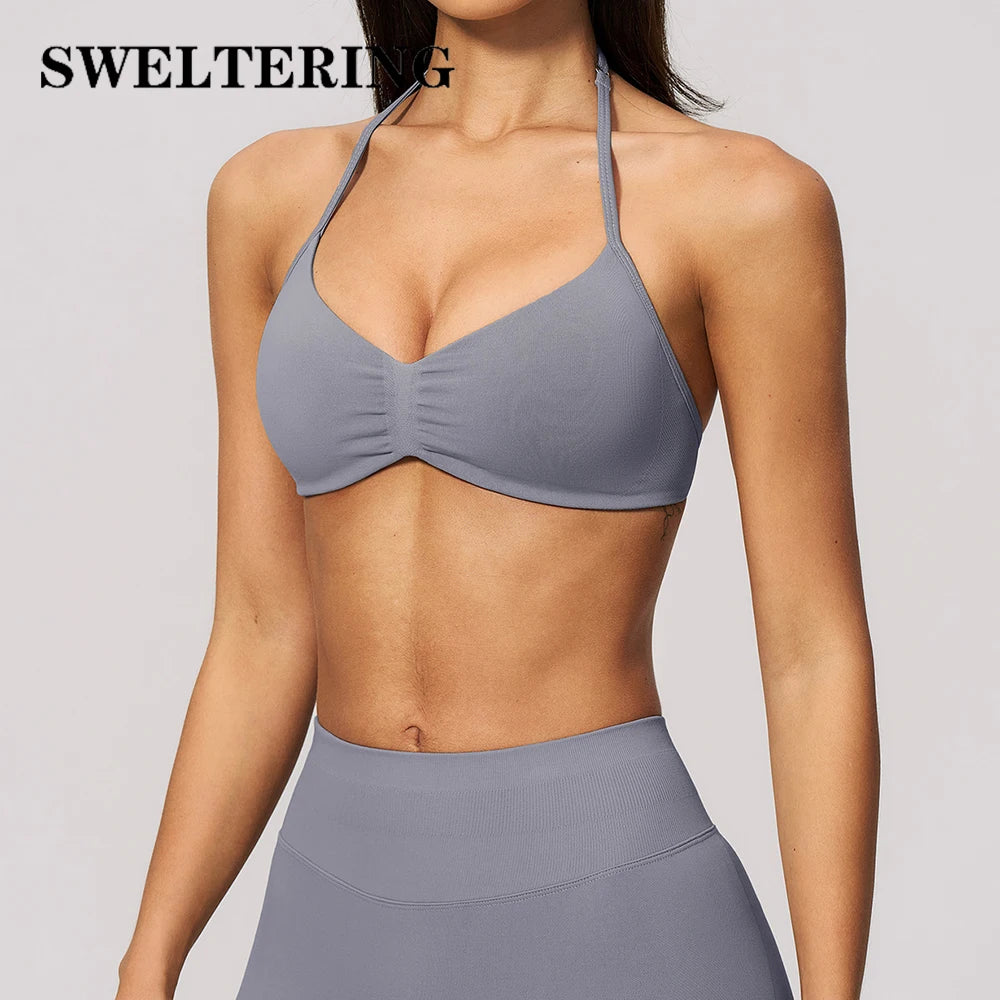 Women's Seamless Halter Yoga Bra Open Back Fitness Sport Underwear Shockproof Push-up Runnings Crop Top Female Workout Underwear