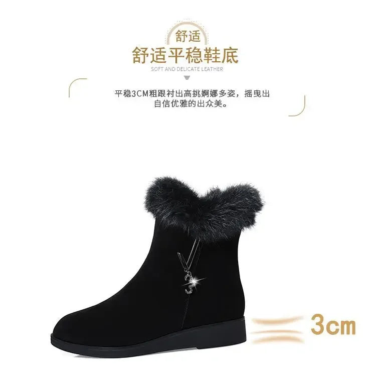 Plush Womens Boots Comfortable Hick-soled Fur Shoes Fashion Ladies Shoes Zipper Women Vulcanized Shoes Anti-slip Chaussure Femme