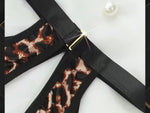 Sexy Leopard Print Halter Neck Bodysuit for Women, Backless Deep V Hollow Out Teddy Lingerie with Rhinestone Heart Decor