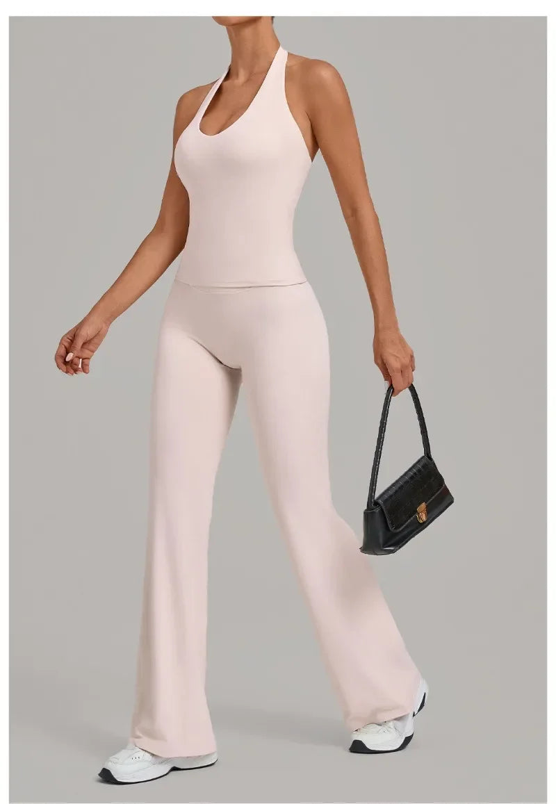 Women's Seamless Yoga Sets Sports Gym Fitness Hip-lifting Flared-pants Sleeveless Halter Tank Top Training Running Workout Suits