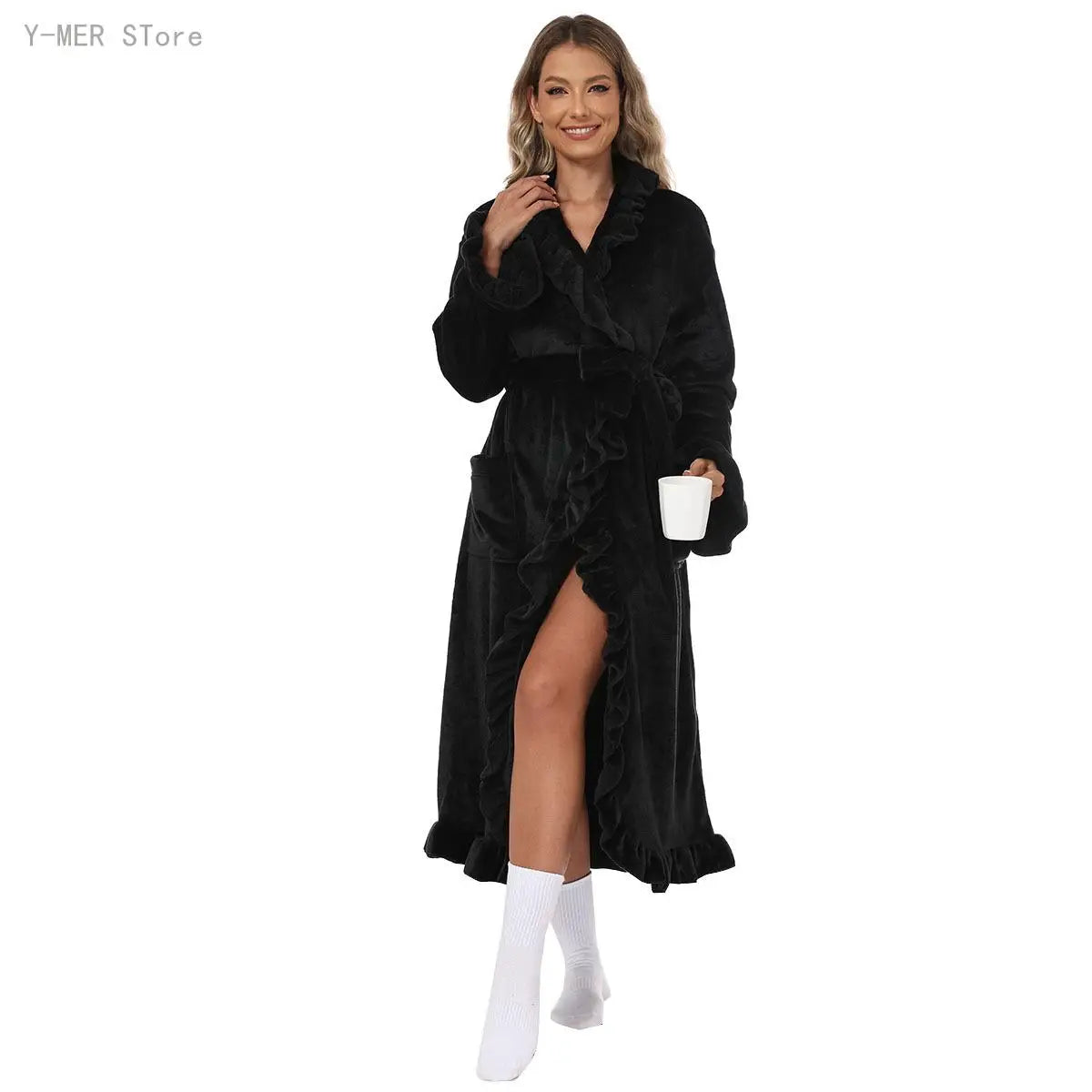 Autumn Winter Thick Coral Fleece Robe Soft Fluffy Loungewear Homewear Night Gown Women Long Warm Bathrobe for Ladies