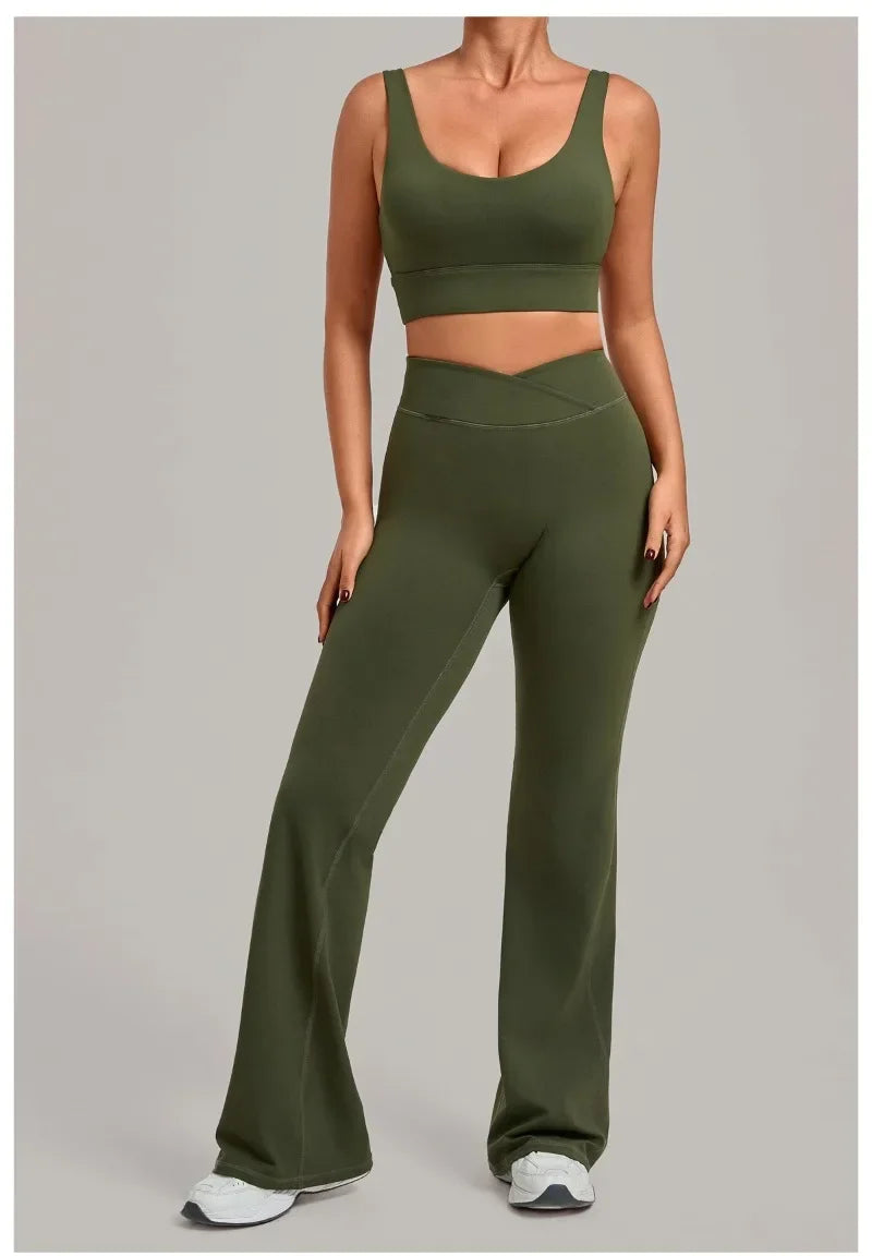 Women's Seamless Yoga Sets Sports Fitness Hip-lifting High Waist Flared Pants Backless Bra Suits Training WorkoutLeggings Sets