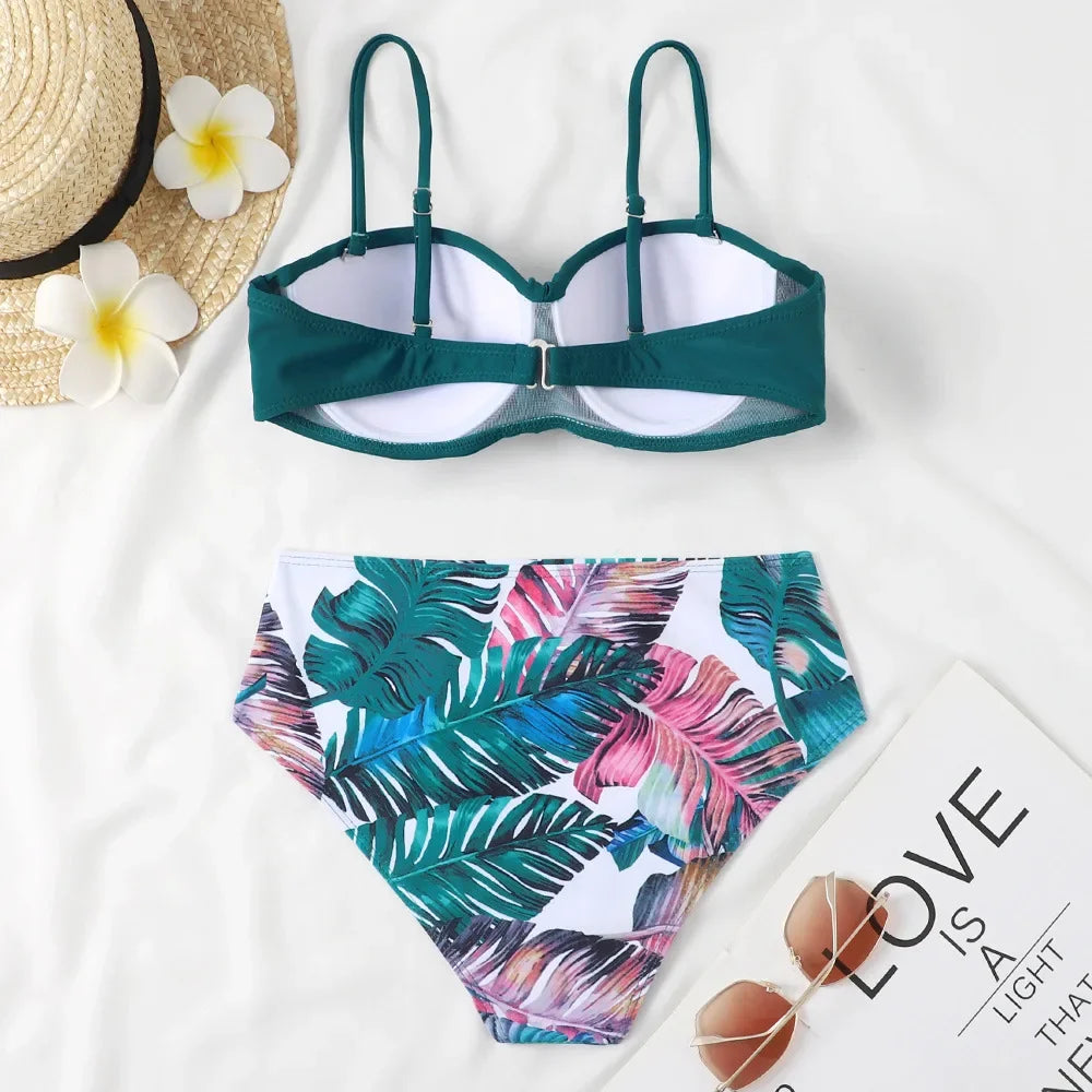 Print Bandeau Bikini Swimsuit Women Push Up Bikini Set Swimwear Female High Waisted Bathing Suit Beach Wear Brazilian Biquini