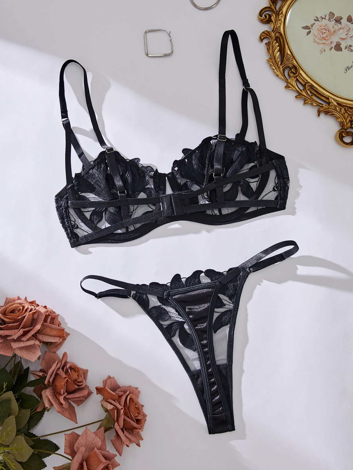 Floral Embroidery Sexy Lingerie Set Women Transparent Bralette Underwire Push Up Bra Panty 2 Piece Set