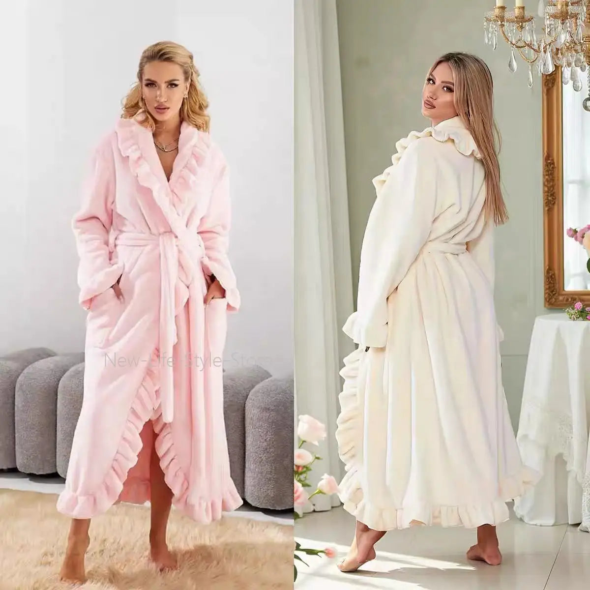 Autumn Winter Thick Coral Fleece Robe Soft Fluffy Loungewear Homewear Night Gown Women Long Warm Bathrobe for Ladies