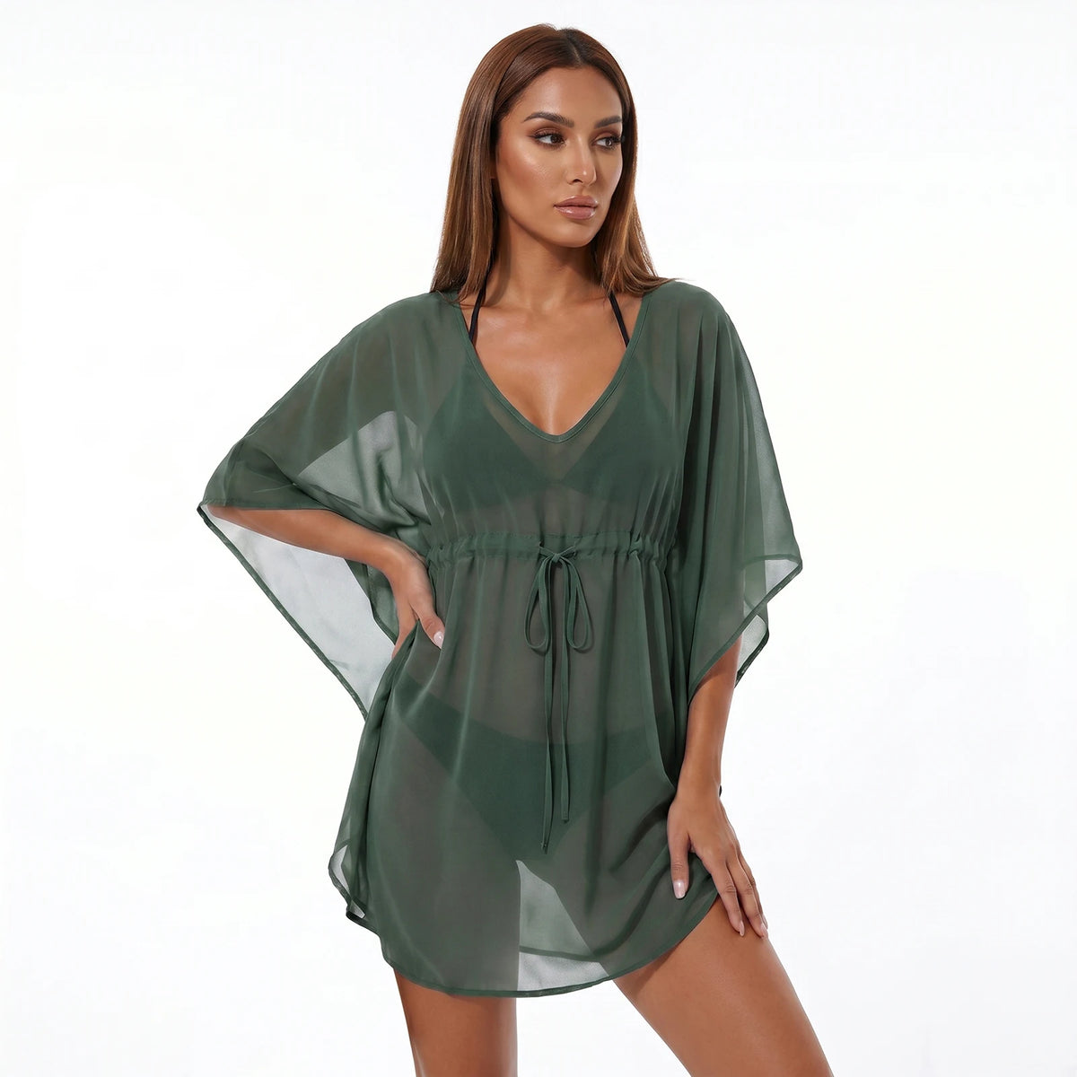 Women Mesh Sheer Swimwear Cover-ups Loose Fit Solid Color Short Sleeve Mini Dress for Beach Pool Casual Bikini Cover Ups Summer