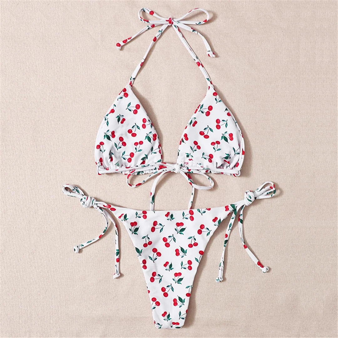 XS - L Cherry Printed Halter Strappy Bikini Female Swimsuit Women Swimwear Two-Pieces Bikini Set Bather Bathing Suit Swim V4894