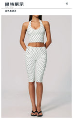 New Summer Women White Polka Dot Print Yoga Sets Hanging Neck Slim Sport Vest High Waist Mid Pants Gym Two-piece Workout Clothes