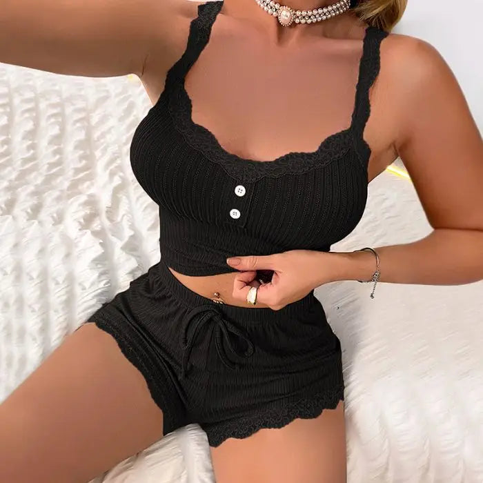 Ladies' Sexy Pajama Set with Lace Button Decoration Top and Shorts Pajama Set Sexy Women Sleepwear for Sleeping Sleep Lounge Pj
