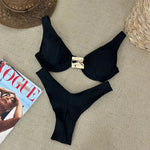 Sexy Black White Bikini Set 2026 Women Metal Ornament Push Up Underwire Bra Thong Swimsuit Beach Holiday Bathing Suit Swimwear