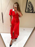 Foridol Red Knitted Polo Dress Autumn Winter Women Dress Casual Elegant Maxi A-line Hollow OutDress Slim Christmas Party