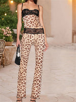 Women’s 2 Piece Sets Summer Sleeveless Lace Patchwork Corset Cami Tops + Pants Sets Mesh Sheer Sexy Party Streetwear