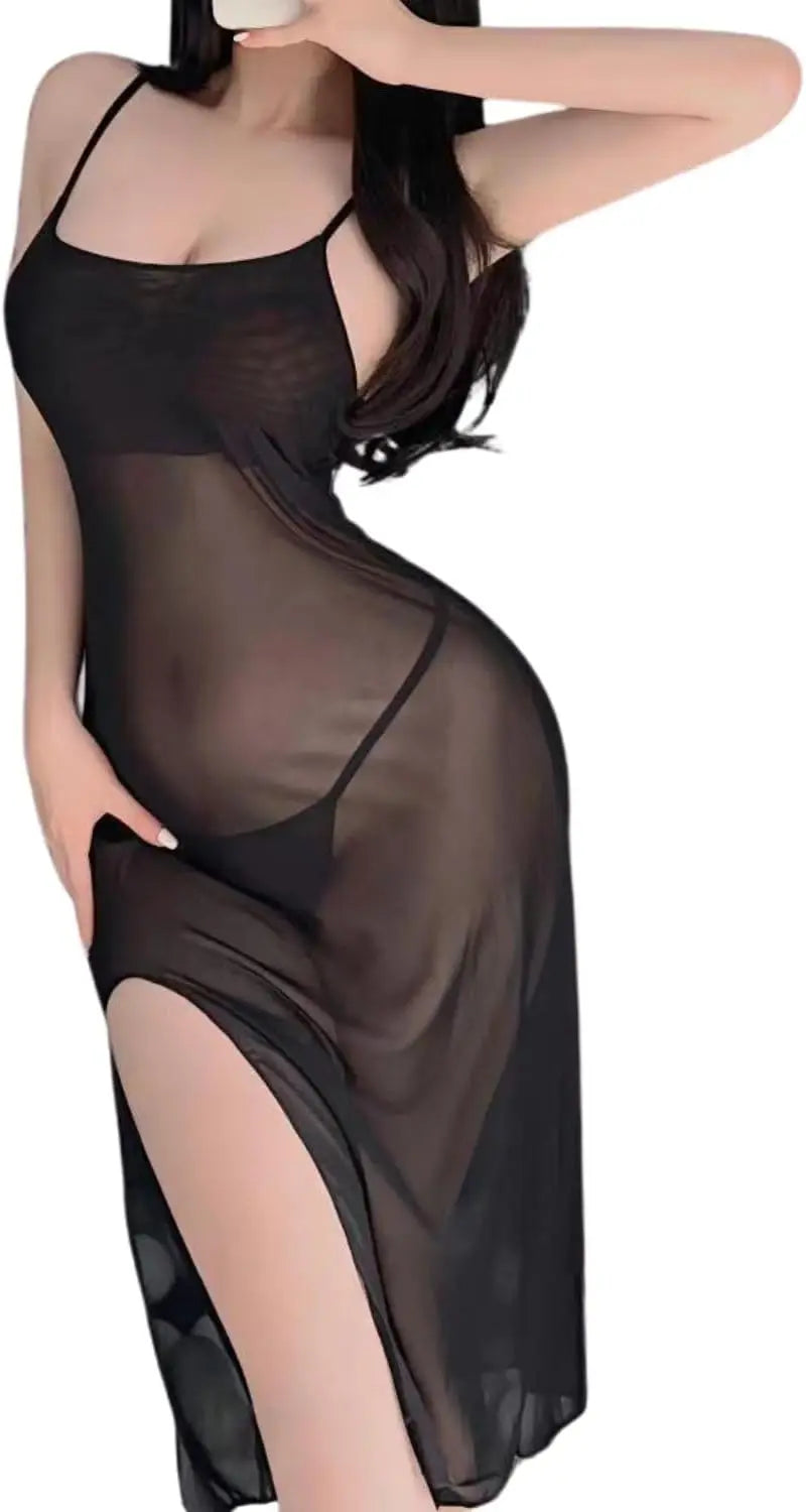 Women Sheer Mesh Lingerie Dress, Black High Slit Nightdress with G-String, Spaghetti Strap Backless Babydoll Sleepwear
