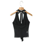 Vietnamese Sexy Halter Neck Strap Tank Top Feminine Mesh Transparent Slim Fit Large Open Back Short Camisole Top Casual RUKJ
