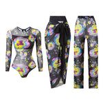 S - XXL 3PCS New Printed Long Sleeve With Pants Sarong Women Swimwear One Piece Swimsuit Female Bather Bathing Suit Swim V7180