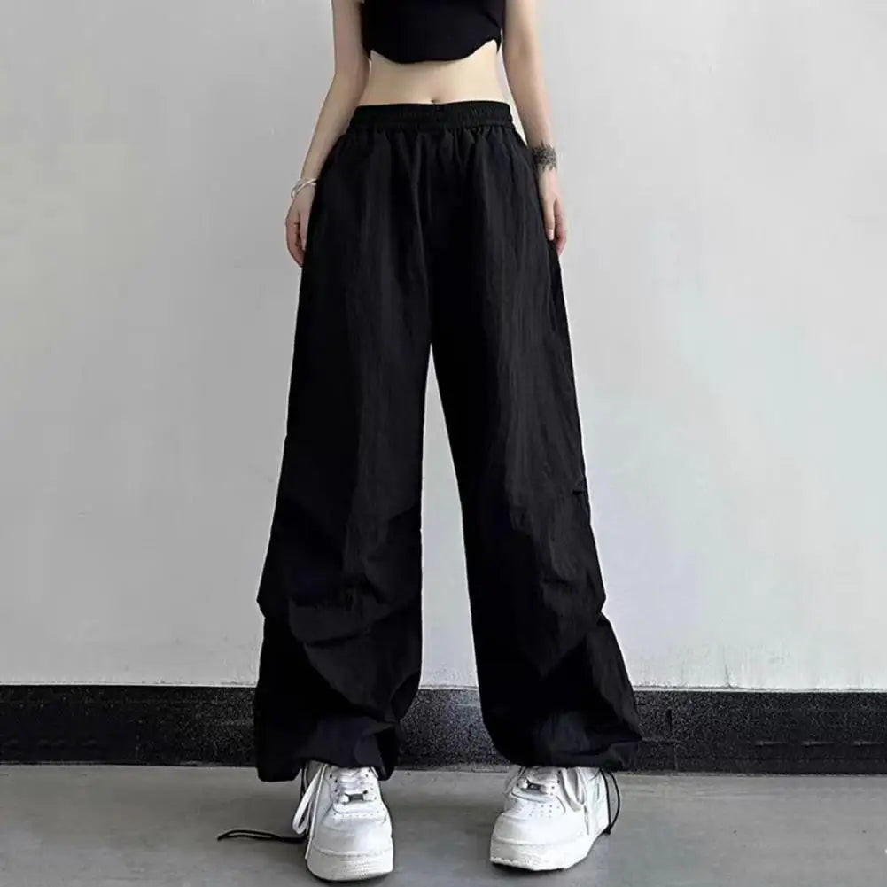 Women Sport Pants Wide Leg Elastic Waist Adjustable Drawstring Long Pants Solid Color Leisure Travel Cargo Trousers