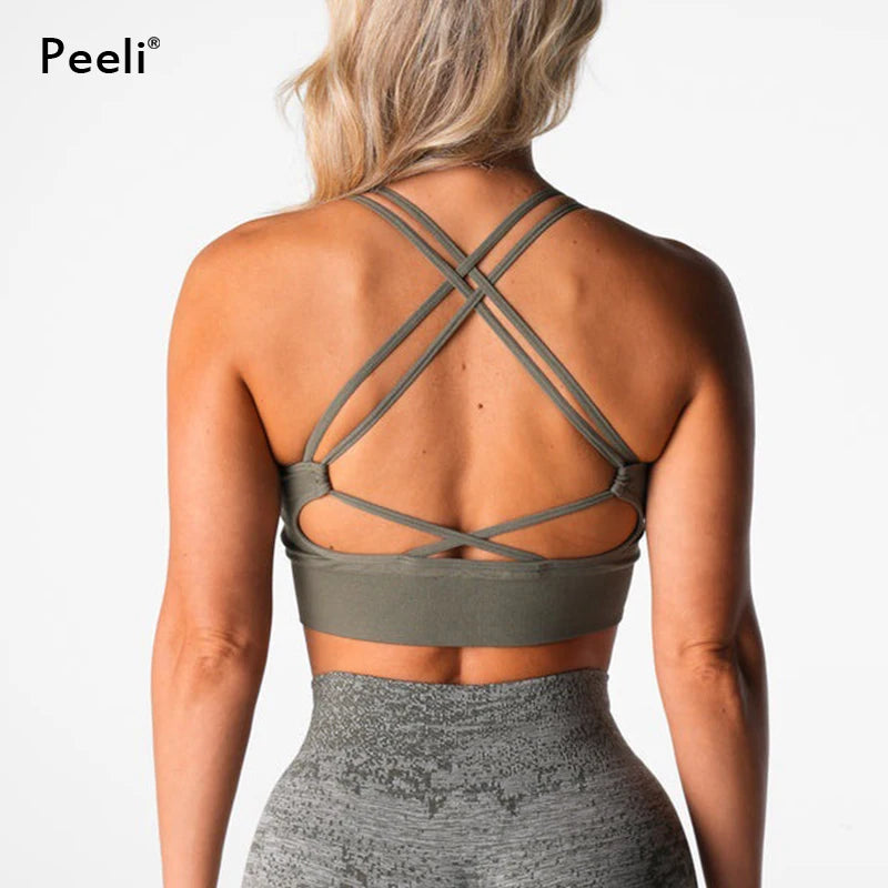 Virtue Seamless Sports Bra Women Backless Gym Crop Top Medium Impact Padded Yoga Bras Strappy Push Up Fitness Brassiere Woman