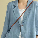 Vintage Long Sleeve Blazer Jacket Cotton Linen Coat for Women Casual Lapel 2 Buttons Thin Coat with Pockets