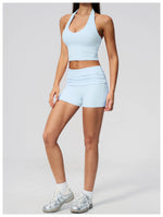 2PCS Yoga Set Women V-neck Cross Neck Shock-absorbing Sports Vest Workout Pleate Flip High Waist Shorts Gym Runing Fitness Suits