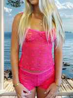 Women 2 Piece Sets See-Through Floral Lace Crop Camisole Tops and Shorts Casual Sexy Club Beach Clothes
