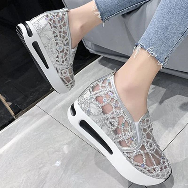 Spring Autumn Luxury Crystal Sneakers Women Breathable Mesh Sports Shoes for Woman Retro Low Top Platform Vulcanize Shoes Lady