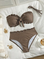 Vintage Coffee Plaid Print Bikini Set Women Bandeau Front Tie Push Up Bra High Waist Swimwear 2026 Beach Bathing Suit Swimsuit