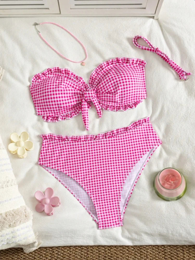 Vintage Coffee Plaid Print Bikini Set Women Bandeau Front Tie Push Up Bra High Waist Swimwear 2026 Beach Bathing Suit Swimsuit