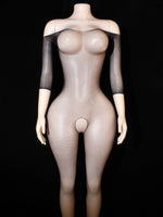 Women Fishnet Bodysuit Off Shoulder One Piece Mesh Body Stocking, Stretchy Black Lingerie with 3/4 Sleeves for Evening Homewear