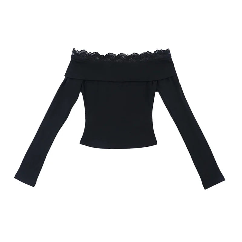 Y2K Streetwear Lace Long-Sleeve Off-Shoulder Top for Women American Style Slim-Fit Hot Girl T-Shirt Lady Spring Autumn Outfit