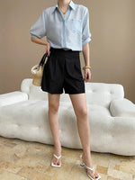 Turn-Down Collar Loose Short-Sleeve Shirt Women White Short Sleeve Shirt Chest Pocket V Neck Button Casual Summer Blouse H9EH
