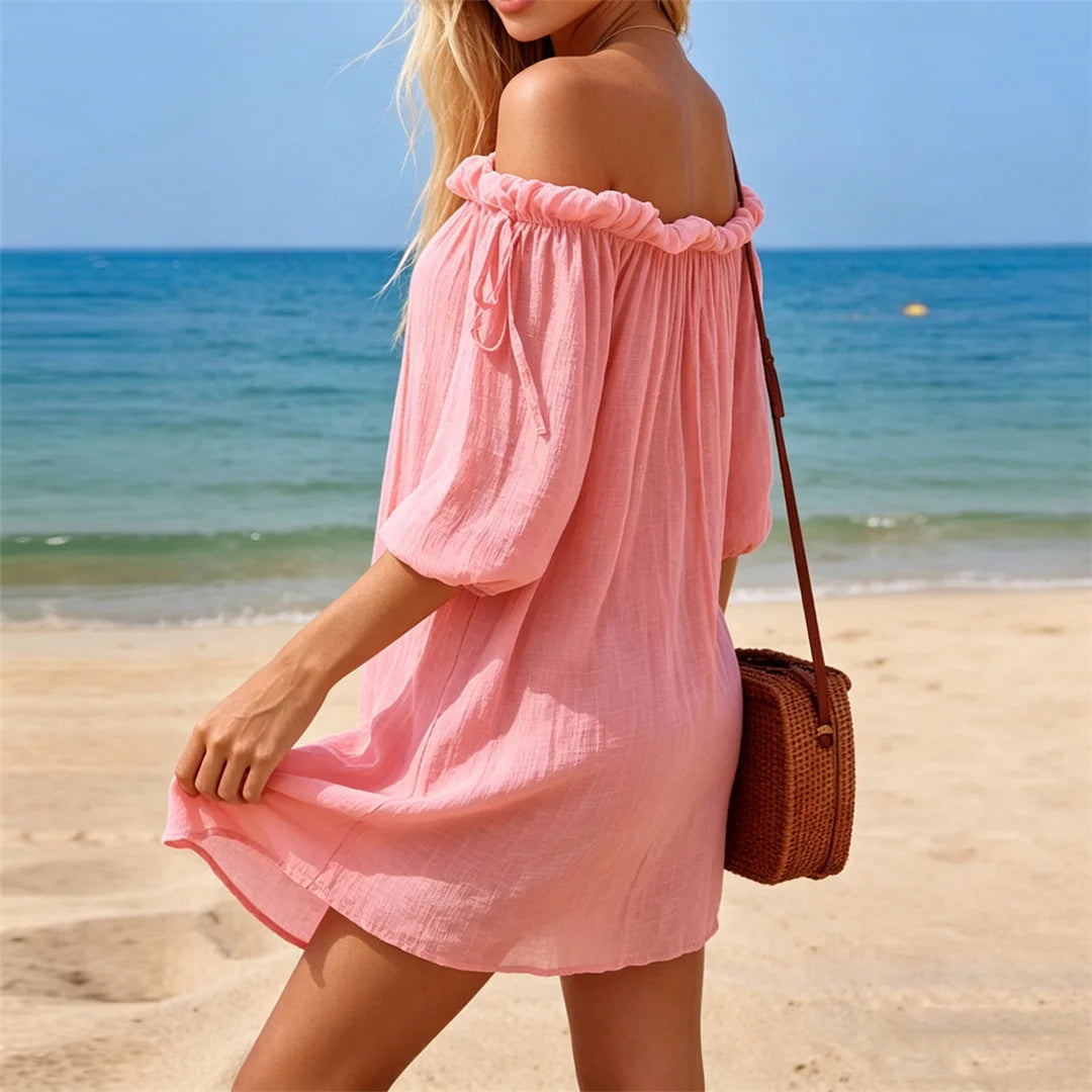 New White Long Sleeve Cut Out Crochet Knitted Tunic Beach Cover Up Beach Wear Beachwear Female Women Cover-ups Beach Dress K8075