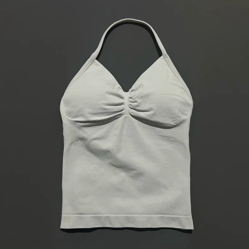 HISTELLO GYM Longline Strappy Top Women Seamless Yoga Clothing With Removable Pads V Neck Open Back Bra Workout Sports Halter