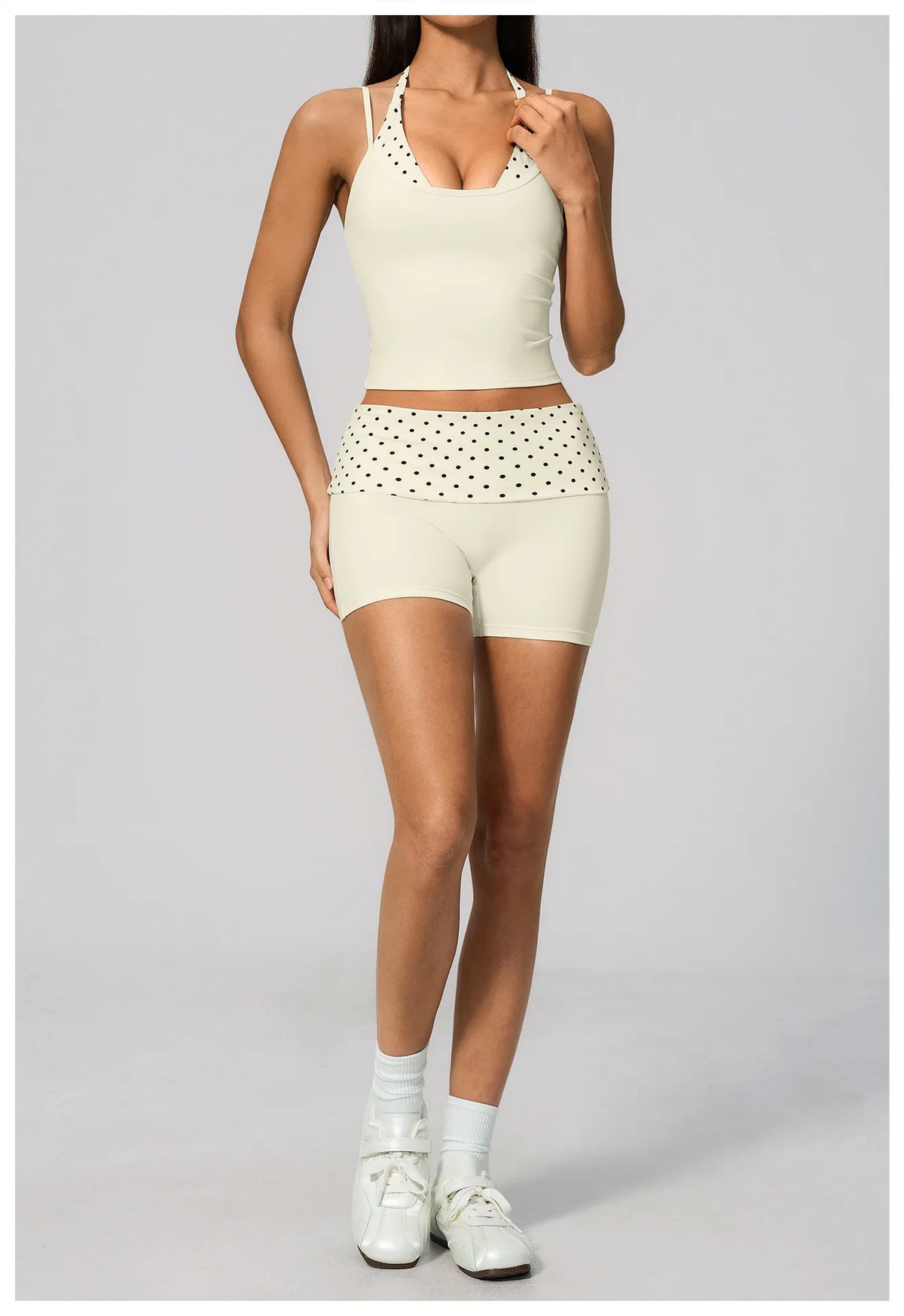 Quick Drying Polka Dot Patchwork Yoga Sets Women Hanging Neck Slim Shockproof Sports Tank Top Gym High Waist Shorts Fitnss Suit