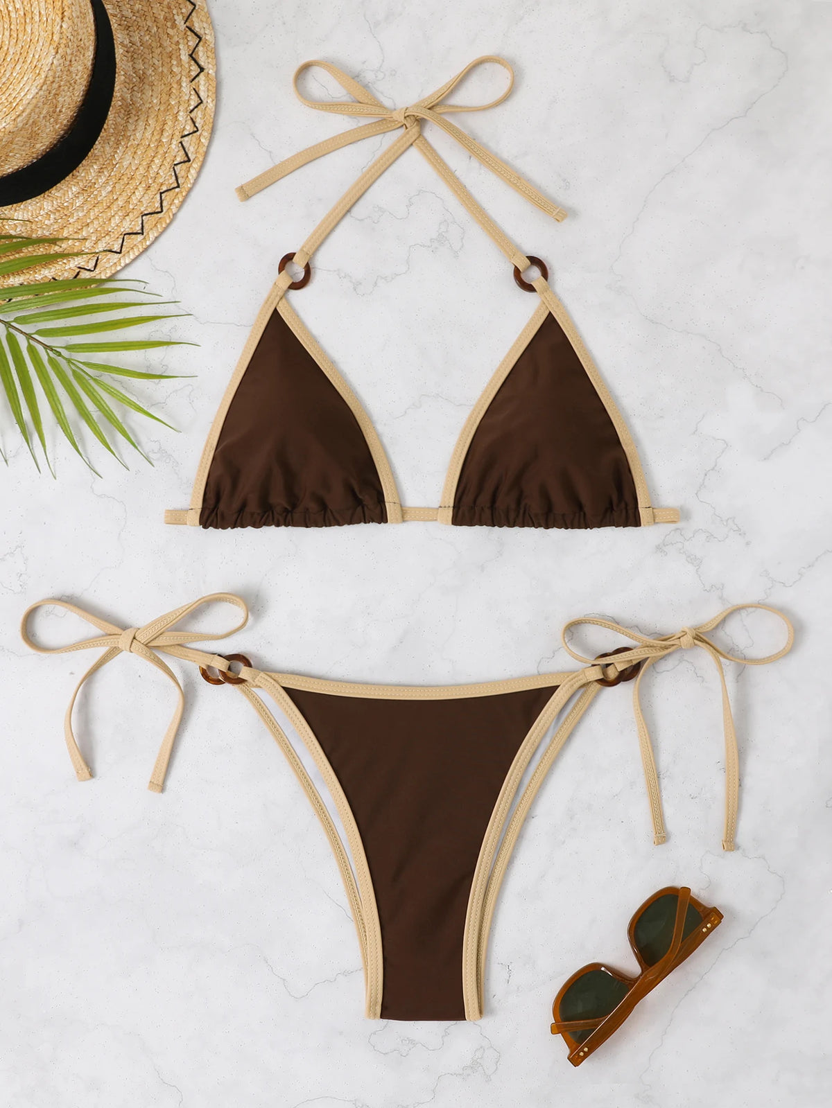 Contrast Binding Ring Bikinis 2025 Women Sexy Halter Swimsuit Triangle Swimwear Female Bathing Suit Swimming Summer Beachwear